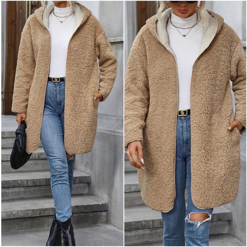 Cozy Teddy Open Front Hoodie Jacket Coat - Picture 2 of 4